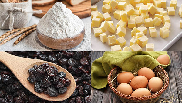 Chuẩn bị nguy&ecirc;n liệu để l&agrave;m b&aacute;nh b&ocirc;ng lan kết hợp nho kh&ocirc;